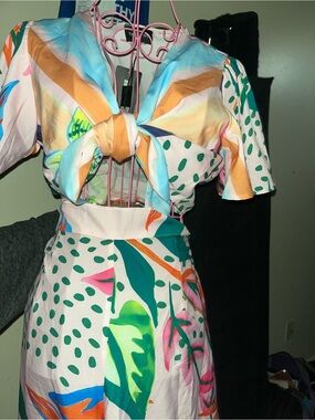 Tropical Print Tie-Front Two-Piece Set in Pastel Multi